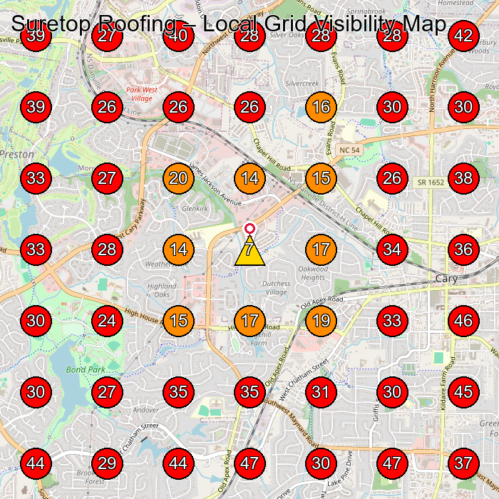 Suretop Roofing GeoGrid visibility map for Roofing Contractor in Cary